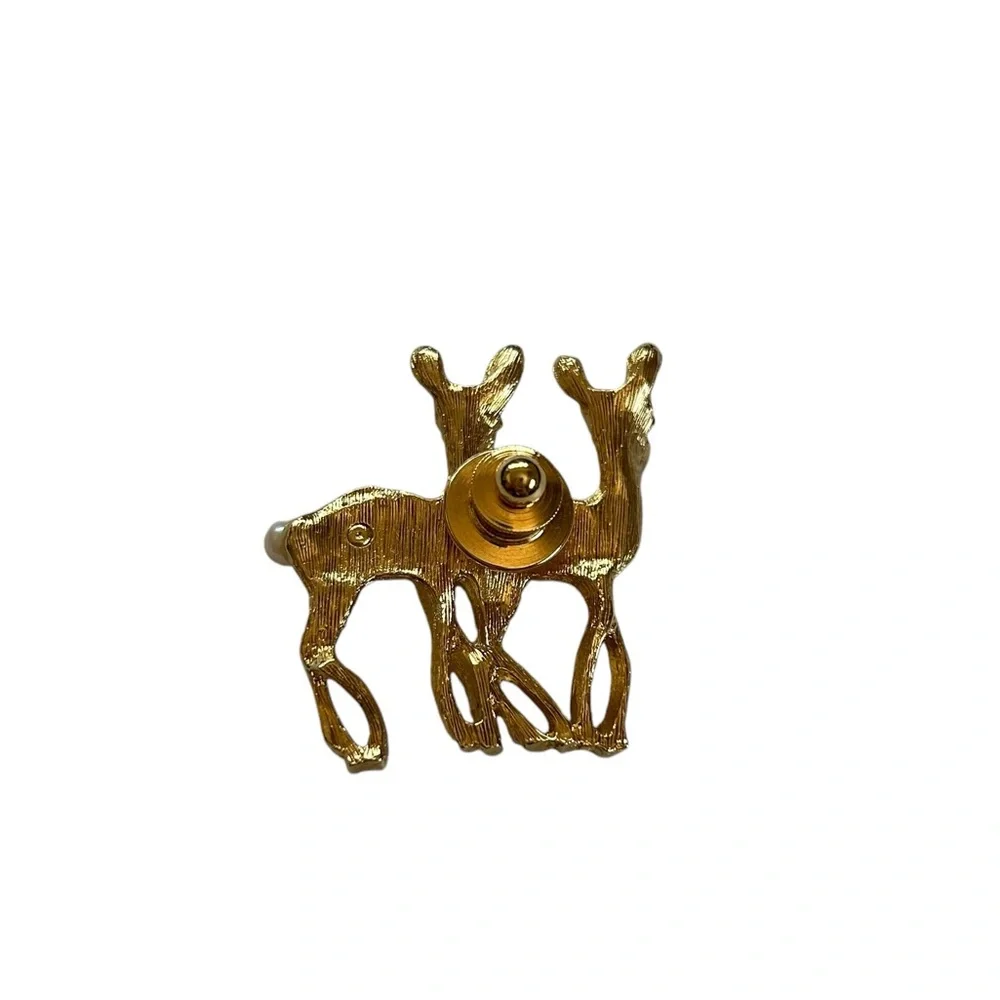 Vintage Gold Tone Deer Duo Brooch Pin Faux Pearl Tails Estate Jewelry Brooched